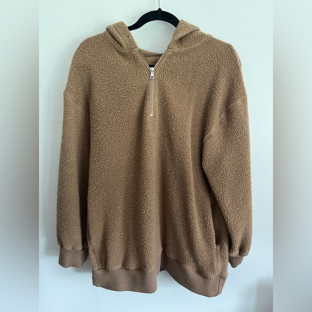 Aritzia Babaton Oversized Sherpa 1/4 Zip Wool Baggy Brown Sweater Top XS